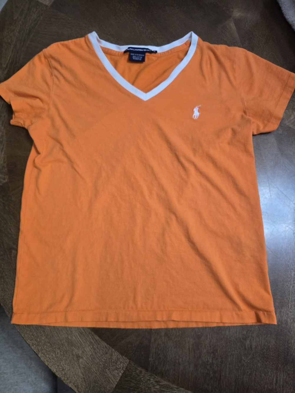 Ralph Lauren Sport Womens M Orange V-Neck Ringer T-Shirt White Trim White Pony